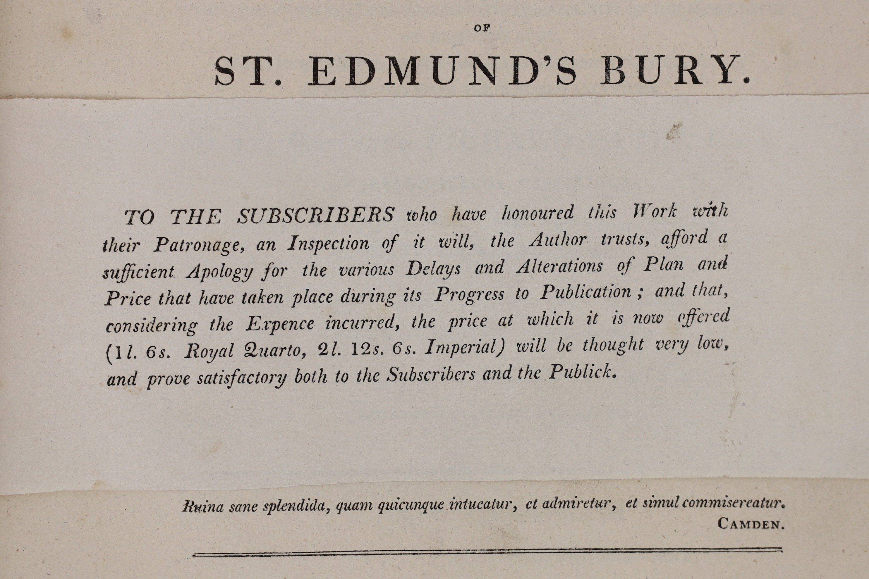 SUFFOLK: Yates, Rev. Richard - An Illustration of the Monastic History and Antiquities of the Town and Abbey of St. Edmund's Bury ... 14 plates and a plan, subscribers list; original paper boards (cloth rebacked, preserv